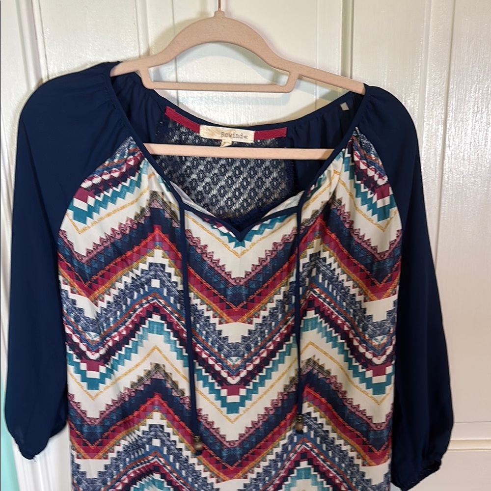 Rewind Blue and Red Graphic Tie Front Blouse